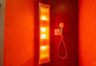 Ducha y panel de infrarrojos iluminado en Wellness Lodge «Wood XL» en Holiday park De Wiltzangh, Países Bajos.