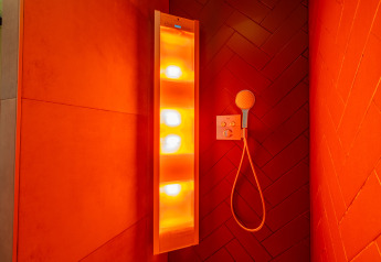 Douche en verlicht infraroodpaneel in Wellness Lodge «Wood XL» op Holiday park De Wiltzangh, Nederland.