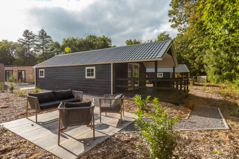 Moderne tiny house Heidelodge bij vakantiepark De Wiltzangh in Nederland, met buitenzitje en veranda.