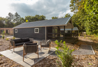 Moderna tiny house Heidelodge nel parco vacanze De Wiltzangh, Paesi Bassi, con area salotto esterna.