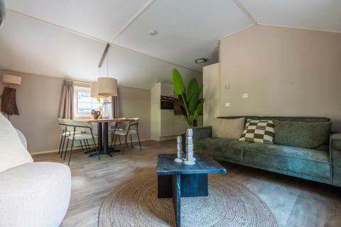 Woonkamer in Heidelodge tiny house bij De Wiltzangh, Nederland, met moderne inrichting en gezelligheid.