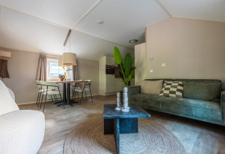 Living room in Heidelodge tiny house at De Wiltzangh Holiday Park, Netherlands, with cozy modern decor.
