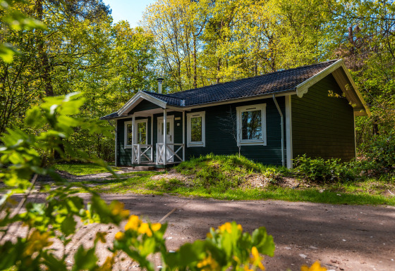 Knus Fins chalet met donker hout en witte accenten, omgeven door groene bomen en lentebloemen.