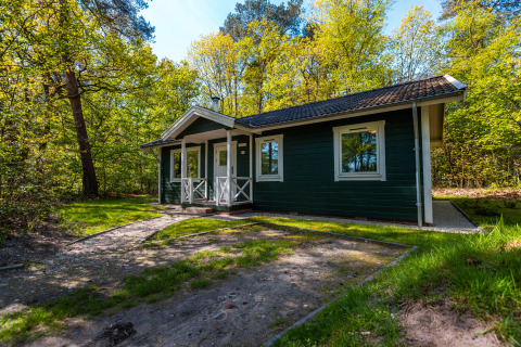 Fins chalet van hout in vakantiepark De Wiltzangh in Nederland, omringd door weelderige bomen.