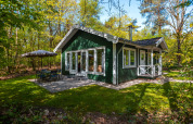 Finsk chalet i ferieparken De Wiltzangh, Holland, med grøn facade og stor solrig terrasse.