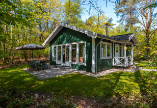 Finnish chalet at Holiday park De Wiltzangh in the Netherlands, green exterior and sunny patio in woods.