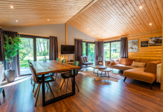 Bright, modern lodge interior with wood paneling, dining area, sofa, and large windows at De Wiltzangh park.