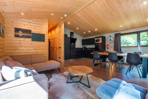Licht lodge-interieur met houten afwerking, moderne keuken en knusse leefruimte in De Wiltzangh, Nederland.