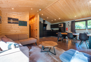 Licht lodge-interieur met houten afwerking, moderne keuken en knusse leefruimte in De Wiltzangh, Nederland.