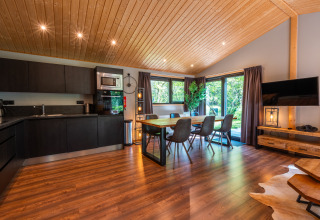 Moderne lodge ‘Hackfort’ in vakantiepark De Wiltzangh met stijlvolle keuken, eetplaats en zicht op de tuin.