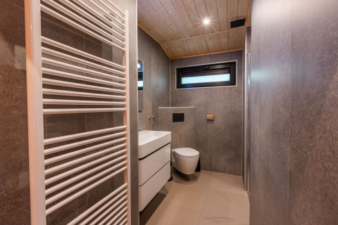 Modernes Badezimmer mit grauem Design, Wandtoilette, Waschbecken und Handtuchheizung im Hackfort-Lodge.