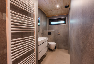 Modern bathroom with grey walls, wall-hung toilet, white vanity and radiator at Hackfort lodge, Netherlands.