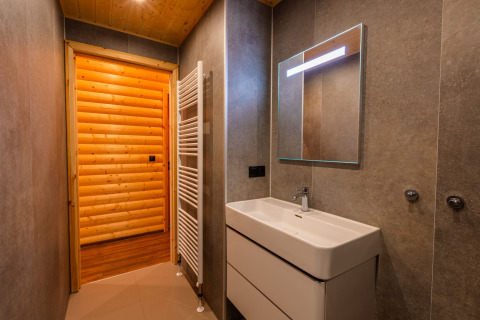 Modern bathroom in Hackfort lodge at Holiday park De Wiltzangh, Netherlands, with wood accents and sink.