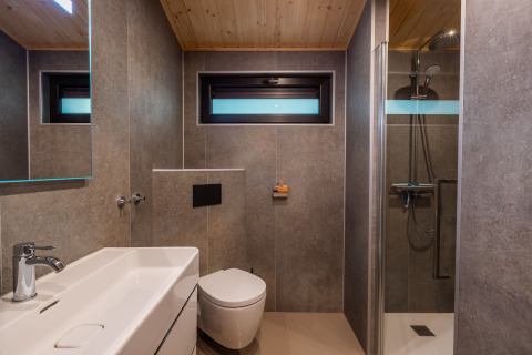 Bagno moderno nella lodge Hackfort al parco Holiday De Wiltzangh, Paesi Bassi, con doccia e pareti piastrellate.