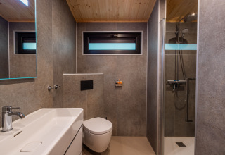 Modernes Badezimmer der Hackfort-Lodge im Ferienpark De Wiltzangh, Niederlande, mit Dusche und Fliesenwänden.