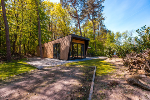 Moderna cabaña 'Just Nature' en el parque vacacional De Wiltzangh, Países Bajos, rodeada de bosque verde.