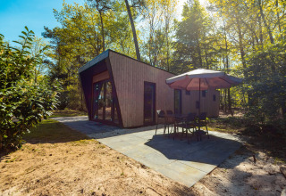 Modern wood lodge Just Nature with patio and umbrella at Holiday park De Wiltzangh in the Netherlands.