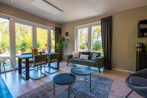 Bright, modern living area in Just Nature lodge at Holiday park De Wiltzangh, Netherlands, with garden view.