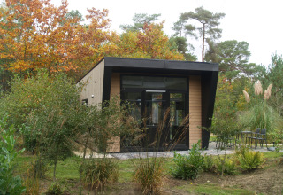 Lodge 'Just Nature' al parco vacanze De Wiltzangh, Paesi Bassi, circondato da alberi autunnali e piante verdi.