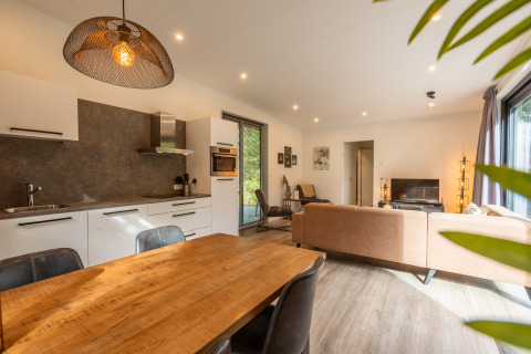 Moderne lodge Just Nature met open keuken en woonkamer in vakantiepark De Wiltzangh, Nederland.