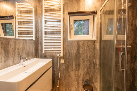 Bagno moderno con grande specchio, lavabo, scaldasalviette e doccia in Just Nature, De Wiltzangh, Paesi Bassi.