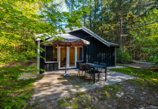 Casa di legno nera "Stuga" nel Holiday park De Wiltzangh, Paesi Bassi, immersa tra gli alberi.