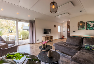 Living room in Velthorst lodge at Holiday park Aan de Maas, Netherlands, featuring modern decor and terrace view.