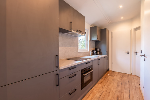 Cucina moderna nel lodge Velthorst al Holiday park Aan de Maas, Paesi Bassi, con armadi grigi e pavimento in legno.