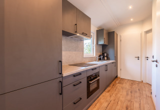 Modern kitchen in Velthorst lodge at Holiday park Aan de Maas, Netherlands, featuring grey cabinets, wood floor.