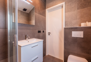 Moderne badkamer in lodge 'Velthorst' op vakantiepark Aan de Maas, Nederland, met witte wastafel en deur.