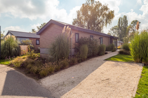 Foto di un lodge Velthorst presso il parco vacanze Aan de Maas nei Paesi Bassi, circondato da verde.