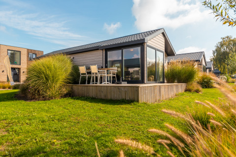 Modern tiny house 'Velthorst' at Holiday park Aan de Maas, Netherlands, featuring deck and lush green garden.