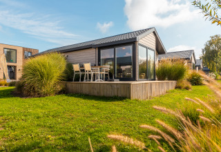 Modern tiny house 'Velthorst' at Holiday park Aan de Maas, Netherlands, featuring deck and lush green garden.