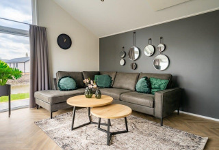 Modernes Wohnzimmer im Tiny House Velthorst im Holidaypark Aan de Maas, mit grauem Sofa und grünen Kissen.