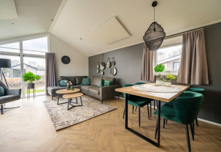 Salón moderno y luminoso en la tiny house Velthorst en Holiday park Aan de Maas, Países Bajos, con decoración elegante.