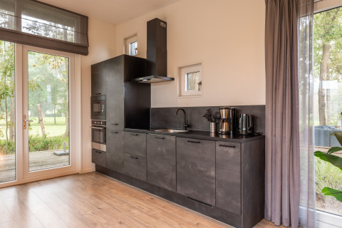 Moderne køkkenfaciliteter i en lodge på Just Nature, Holiday park Aan de Maas, Nederlandene, med store vinduer.