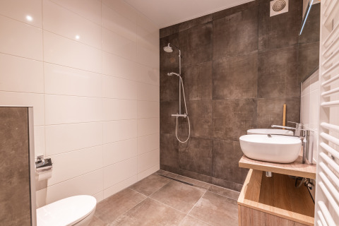 Baño moderno con ducha a ras de suelo, inodoro blanco y lavabo en Just Nature lodge, Holiday park Aan de Maas, Países Bajos.