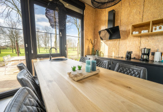 Modern kitchen in the Just Nature lodge at Holiday park Aan de Maas, Netherlands, overlooking green nature.