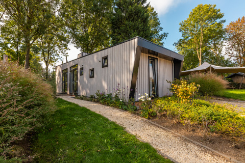 Moderne lodge Just Nature op vakantiepark Aan de Maas in Nederland, omringd door bomen en planten.