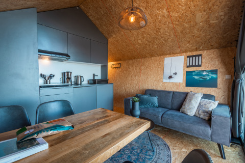 Salón y cocina modernos en la Tiny House «Havenzicht» del Holiday park De Wiedense Meren, Países Bajos.