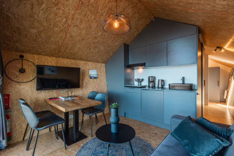 Modern tiny house interior with kitchen and lounge area at Holiday park De Wiedense Meren, Netherlands.