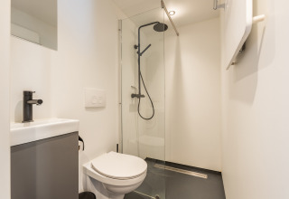 Baño moderno y compacto con ducha, inodoro y lavabo en Tiny House «Havenzicht» en De Wiedense Meren, Países Bajos.