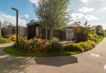 Sonnige Lodge mit Terrasse und Sonnenschirm im Holiday Chalet Comfort im De Wiedense Meren Park, Niederlande.