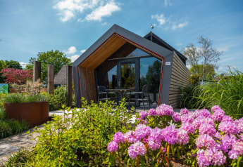Tiny house moderna con grandi finestre, circondata da giardino verde e fiori rosa in primo piano.