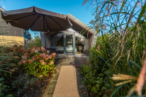 Accogliente tiny house al parco vacanze De Wiedense Meren nei Paesi Bassi, immersa nel verde.