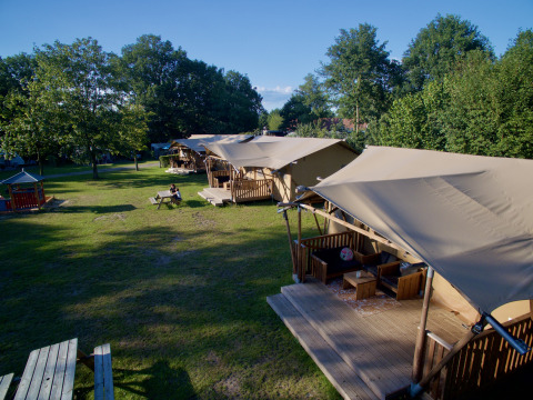 Tende glamping e tavoli da picnic al Recreation park «Kaps» in Overijssel, Paesi Bassi, durante una giornata soleggiata.
