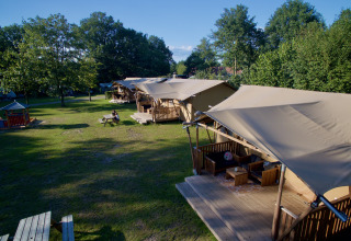 Tende glamping e tavoli da picnic al Recreation park «Kaps» in Overijssel, Paesi Bassi, durante una giornata soleggiata.