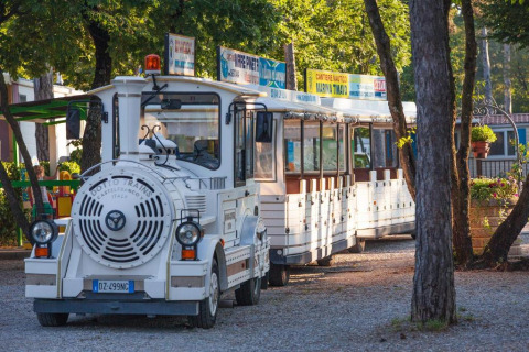 A tourist train parked at Village Mare Pineta campsite in Friuli-Venezia Giulia, Italy, on a sunny day.