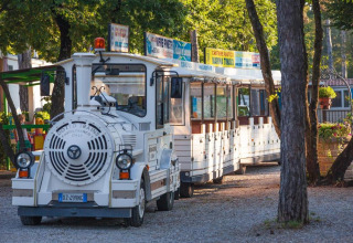 Un trenino turistico parcheggiato al campeggio Village Mare Pineta in Friuli-Venezia Giulia, Italia.