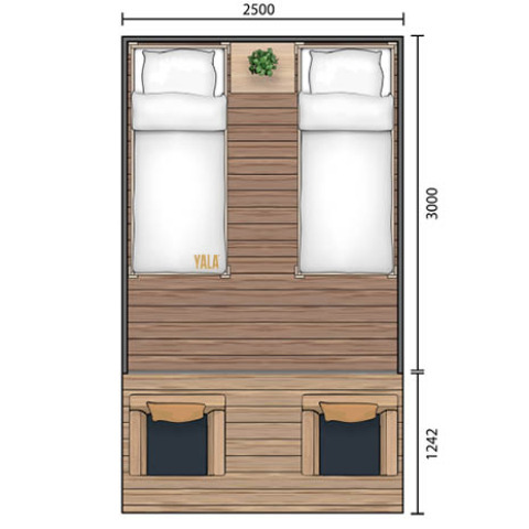 Plano de una tienda safari con dos camas individuales, dos sillas y dimensiones de 2500x4242 mm.